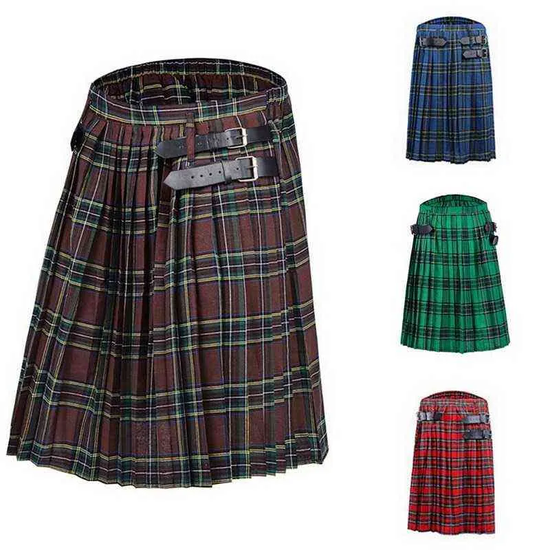 Hommes Kilt Traditionnel Plaid Ceinture Plissée Bilatérale Chaîne Marron Gothique Punk Écossais Tartan Pantalon Jupes H1206