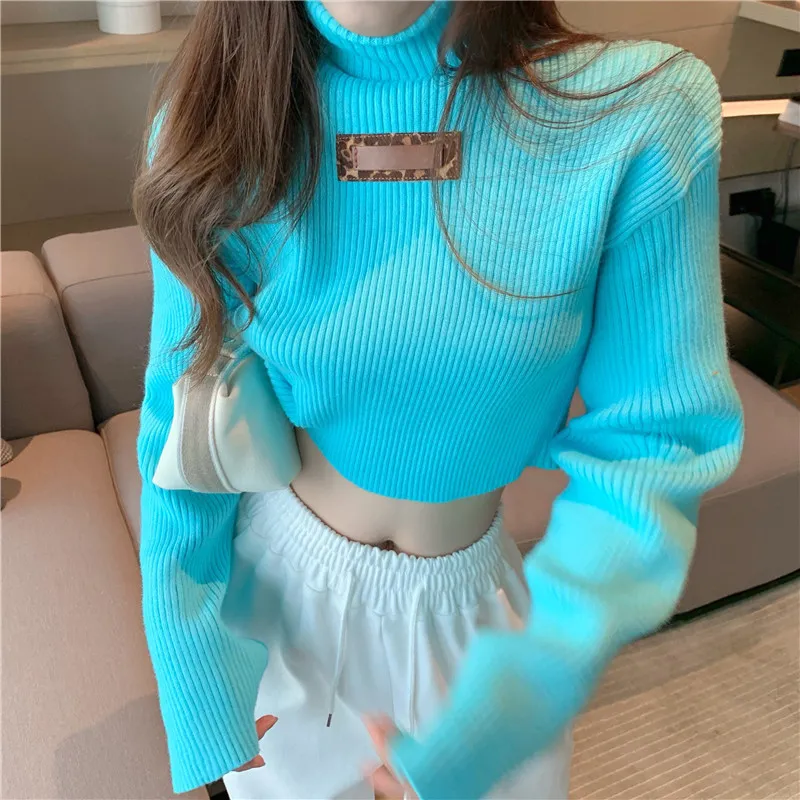 Solid Basic Cropped Spring Fashion Clothing Top Sweater Turtleneck Bottoming Shirt Women's Joker Pull Femme 12847 210508