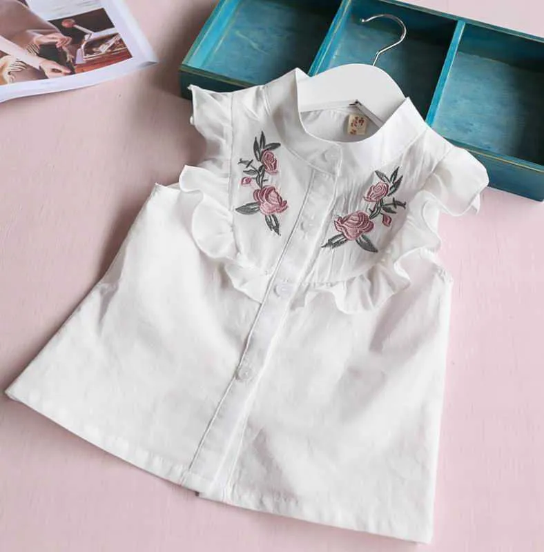 Summer Girl Sets Baby Flower Haftowane Koszula + Skróty łuk 2 sztuk Outfits Garnitur Odzież 2-6Y LT025 210610