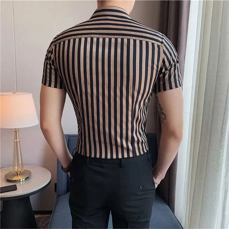 Summer Striped Shirts Men Short Sleeve Business Casual Shirt Luxury Classic Slim Fit Social Party Dress Shirts Male Clothes 210527