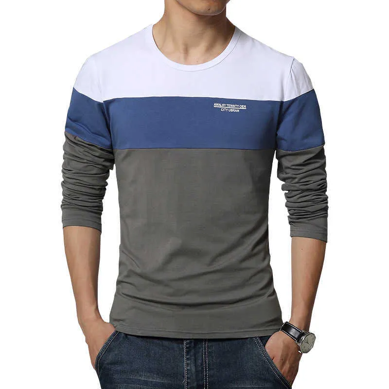 US S-XL 봄 도착 남성용 T 셔츠 O 넥 패치 워크 긴 소매 티셔츠 망 의류 트렌드 플러스 사이즈 탑 티셔츠 210528