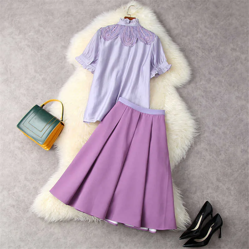 夏の女性のドレスセットファッションデザイナー刺繍緩いシャツ+ハイウエストスカート2ピースマッチングセットアウトフィット210601