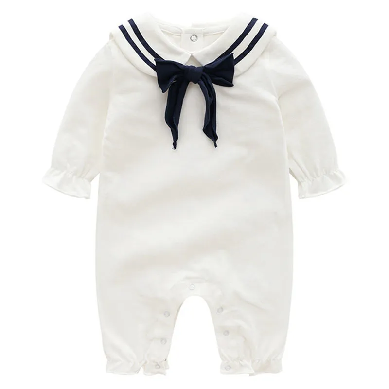 Navy Wind Cute Baby Girl Pure Color Rompers Kids Spring Autumn born Clothes 210429