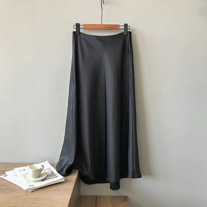 Vrouwen zijde satijn rok lente herfst hoge taille retro lange rok chique stijl a-lijn elegante vrouwen rokken elegante dames 210721