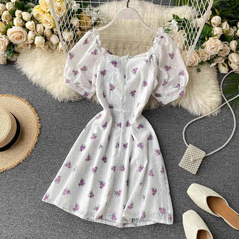 Lato Słodkie kobiety V-Neck Bow Floral Print Sukienka Causal Damska Linia Mini Plaża Nadmorski na wakacje 210423