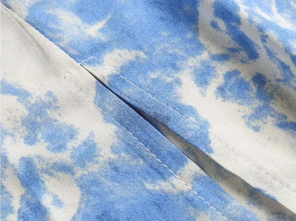 França Estilo Azul Branco Gravata Tintura Print Wood Orelhas Espigas Ruffles Hem Midi Vestido Retro Sexy Mulheres Elastic Slim Sling Chá 210429