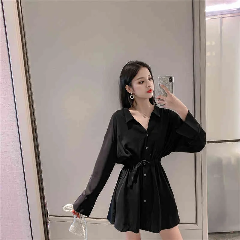 Women's Shirt Dressses Belt Solid Single Button Long-sleeved Turn-down Collar Chic Sexy Ladies Mini Dress Bandage Vestidos PL121 210506