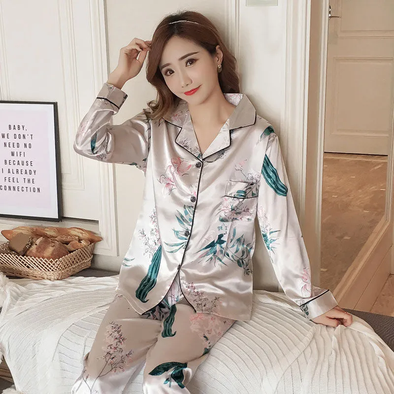 Autumn Stain Silk Pajama Sleepwear women Sexy Soft Cozy Satin Nightgown Pajama Sets printed Sleep Sleepwear Full Sleeve 5xl 210330