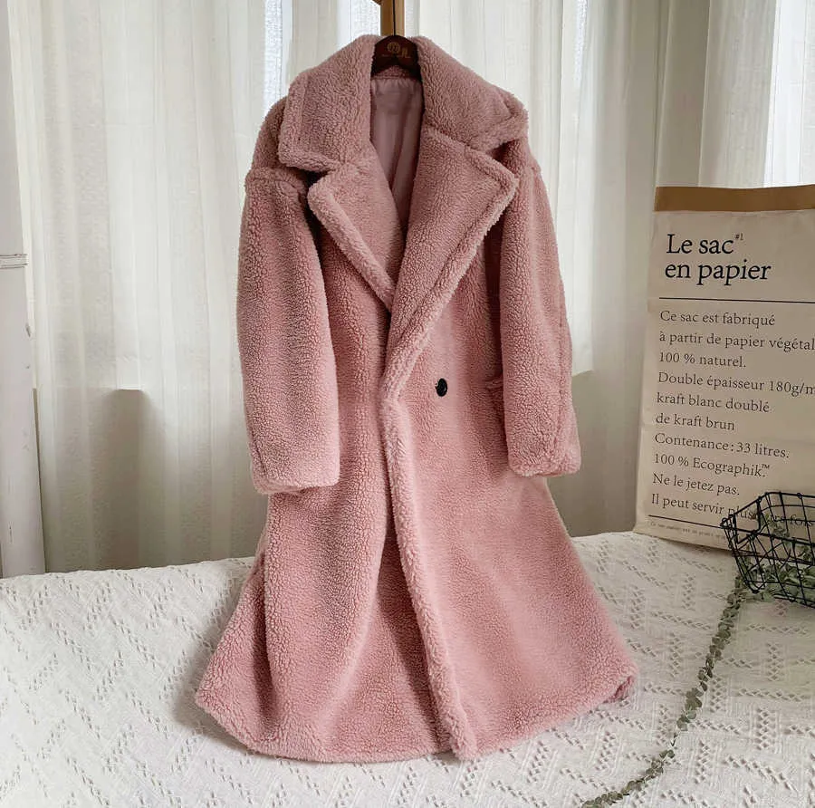 Zadorin inverno espesso quente casaco de peluche sólido mulheres high street de grandes dimensões cordeiro rosa casaco de pele de cordeiro senhoras longa jaqueta de pele faux 211019
