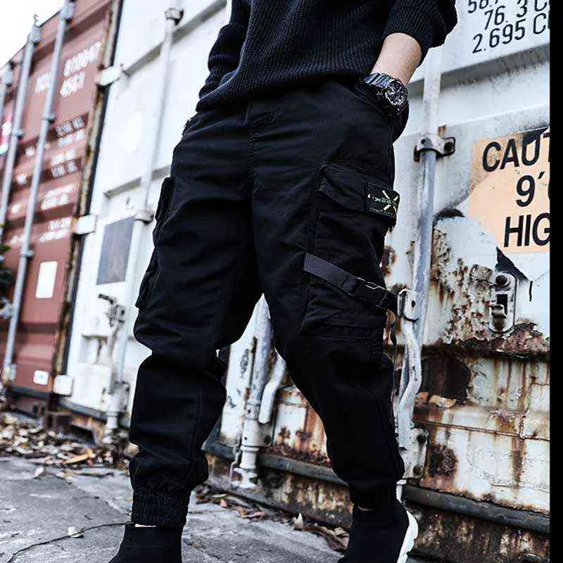 Hip Hop Joggers Mens Black Harem Broek Multi Pocket Linten Mens Sport Broek Streetwear Cargo Broek Heren Japanse Streetwear 211201
