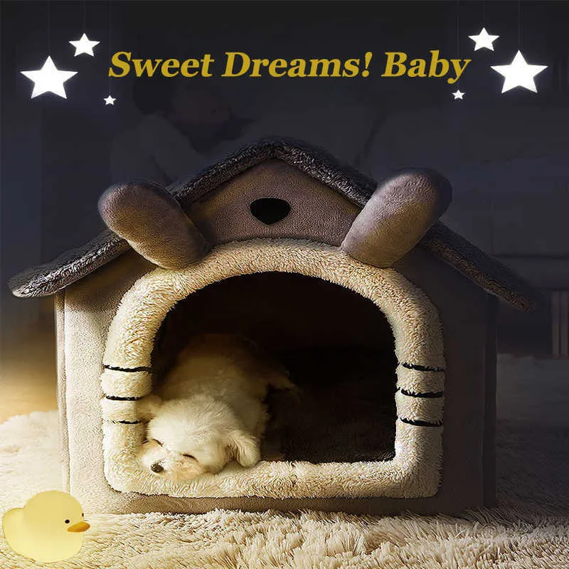 Składany Głęboki Sen Kot Dom Kryty Zimowe Ciepłe Przytulne łóżko Dla Małego Psa Kitten Teddy Wygodne Kennel Dostawy 211006