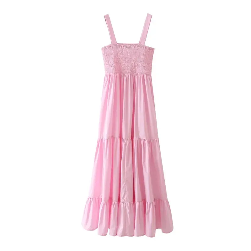 ピンクスリップミディ女性夏のドレスのフリルノースリーブセクシーなビーチロングドレス女性カジュアルバックレスサンドレス210519