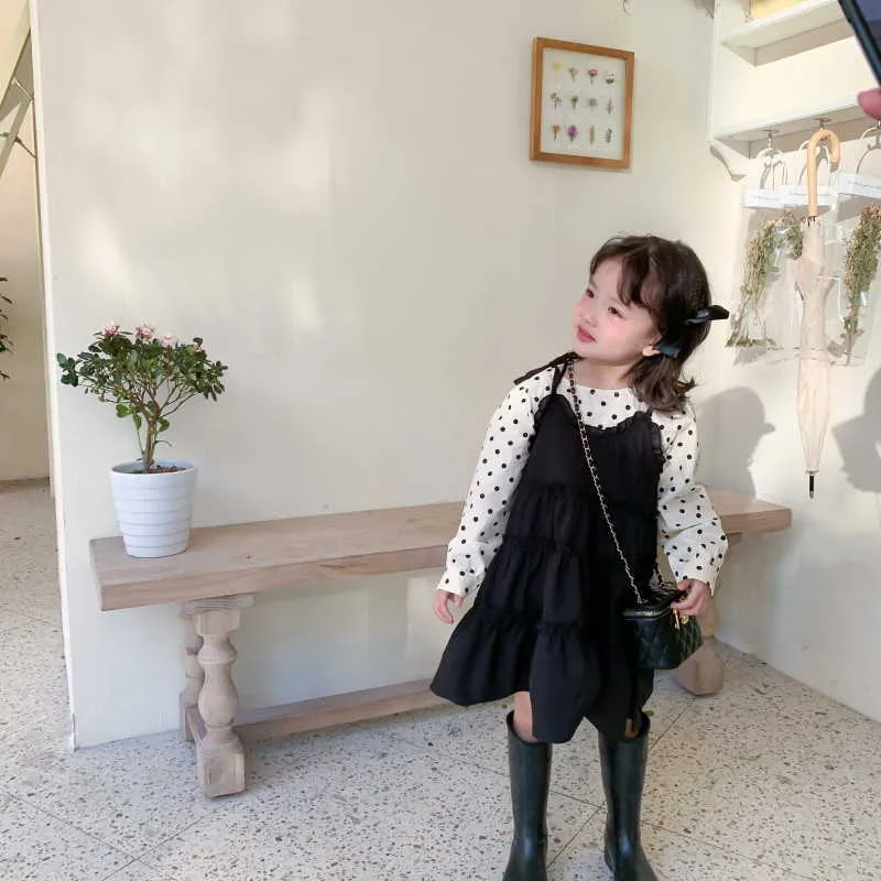 Spring Korean Style Baby Girl 2-pcs Sets Long Sleeves Black Dot Shirts + Sling Dress Kids Clothes E654 210610