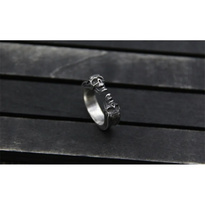 Pure Fashion Open Ring men women Real Double skull Rings Male 925 silver ring Jewelry gift