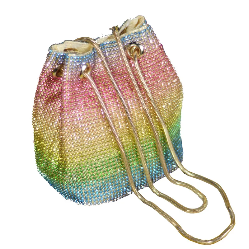 Fashion Personalized Evening Bags Crossbody Shoulder Rhinestone Women's Chain Handbag Women's Colorful Net Drill Bucket Bag