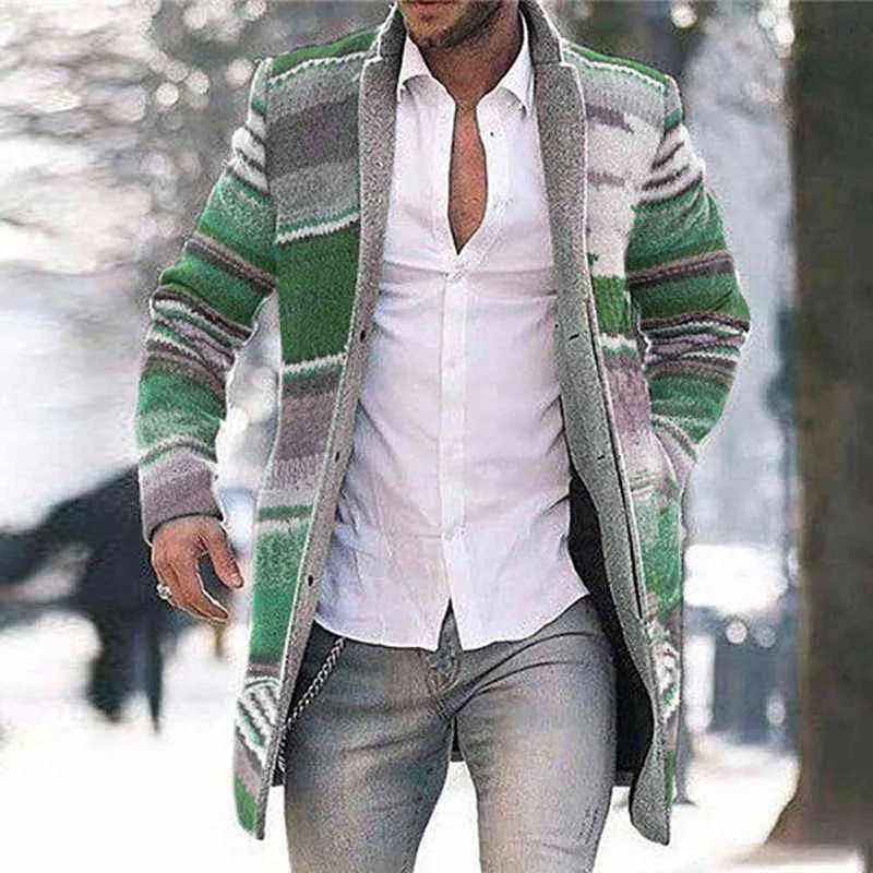 Męskie Moda Single Breasted z długim rękawem Topy Multicolor Drukuj Mężczyźni Slim Outwear Casual Stand Collar Coats Kurtka 211103