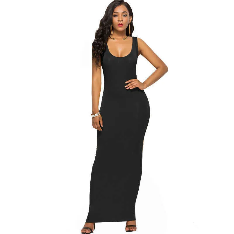 Kobiety Plain Maxi Dress Casual Bez Rękawów U Neck Sexy Slim Fit Summer Party Dresses Y0823