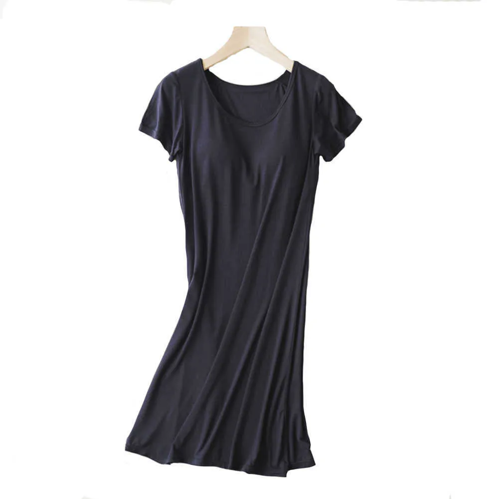 Mulheres Casual Noite Dress Sleepwear construído em sutiã acolchoado de manga curta Solid rounge feminino dormir 210924