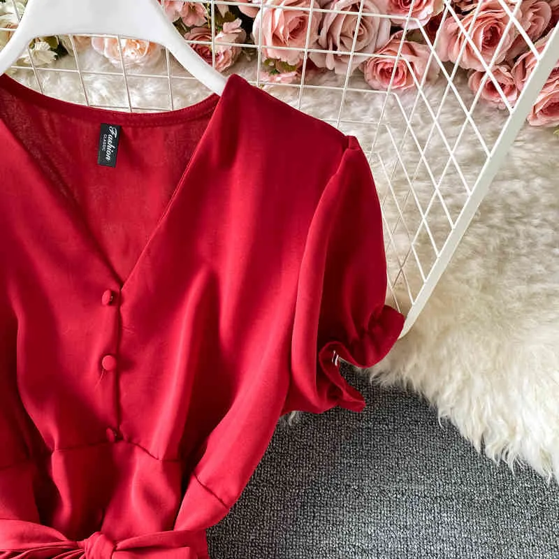 レディース夏スタイルウエストスリム気質の大きいスイングヴィンテージ210420のためのエレガントなレトロな赤いVネックパフスリーブのドレス