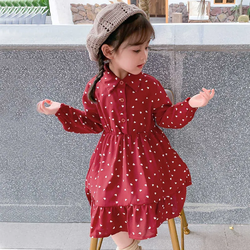 Spring Girls' Dress Fashion Cute Love Western Long Sleeve Party Princess Children's Baby Kids Girls Clothing 210625