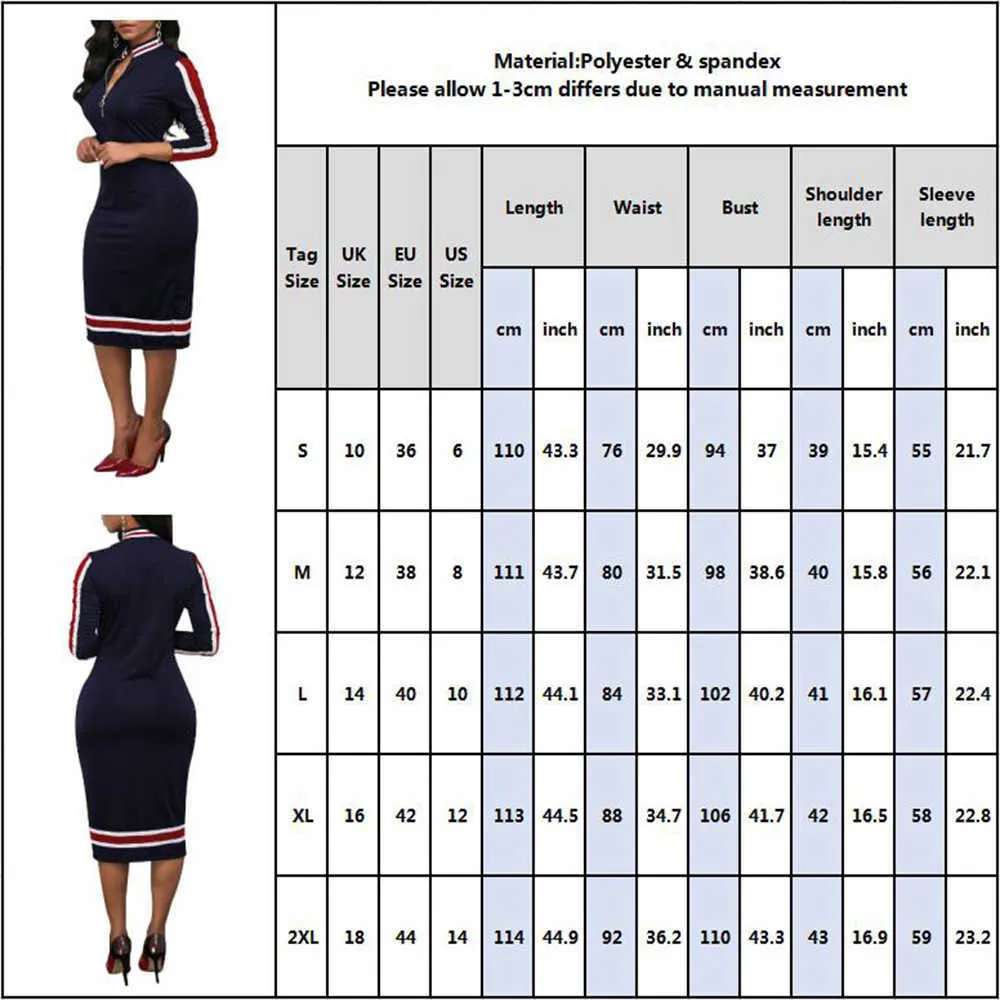 Wiosna Kobiety Z Długim Rękawem Sport Styl Dress Silver Zipper Pół Neck Stripe Stripe Dopasowanie Sukienka Stretch Bodycon D30 210630