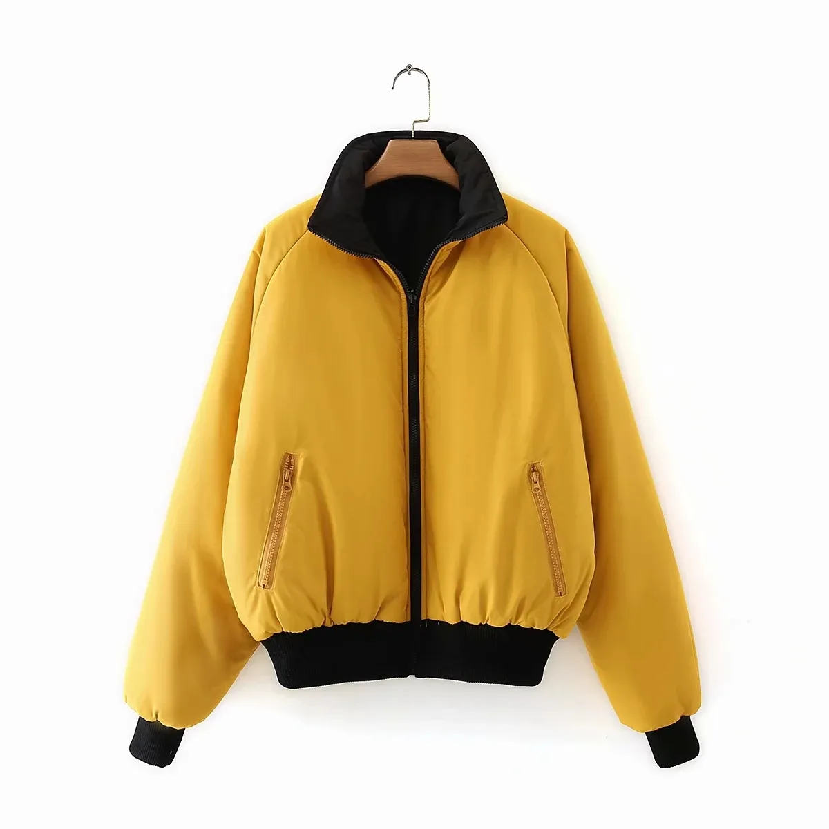 Oversize jaune Parkas vestes manteaux hiver femmes coupe-vent porter dans les deux côtés noir fermeture éclair bouffant vestes manteau 210427