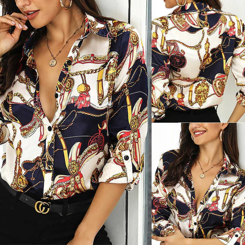 V Neck Chain Print Button Shirt Womens Ladies Casual Long Sleeve Blouse Tops Sexy Beach Shirts Slim Fit Plus Size 210730