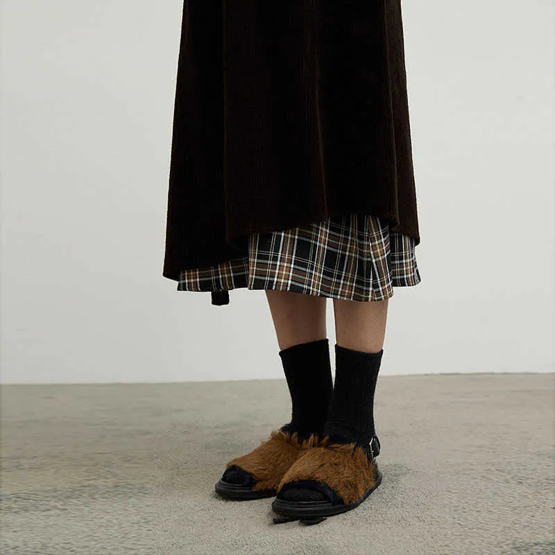 日本の春の女性コーデュロイ格子縞の長いスカート韓国レディースエラスティックカジュアルハイウエストAラインスカートファッションストリートウェア210619
