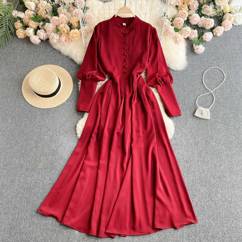 Vintage Tek Göğüslü Uzun Elbise Kadın Mor / Pembe / Kırmızı A-Line Fener Uzun Kollu Yüksek Bel Rahat Kadın Ince Robe 2021 Yeni Y0603