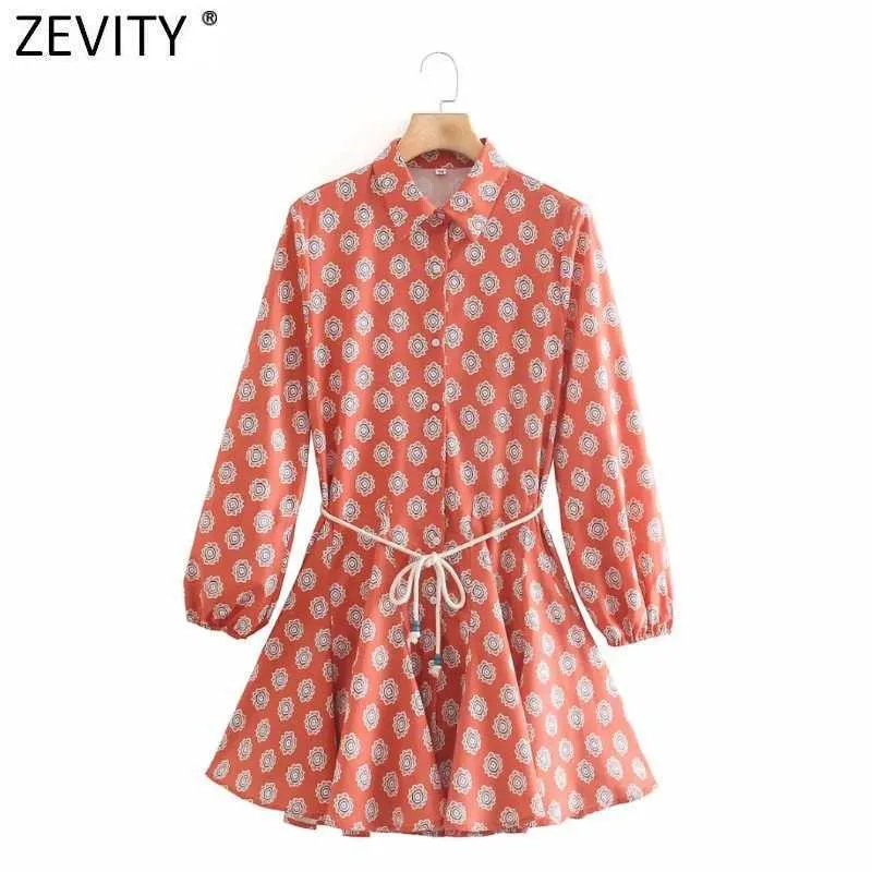 Zevity Frauen Vintage Totem Blumendruck Big Swing Rüschen Mini Shirt Kleid Weibliche Chic Breasted Lace Up Schärpen Vestidos DS8133 210806