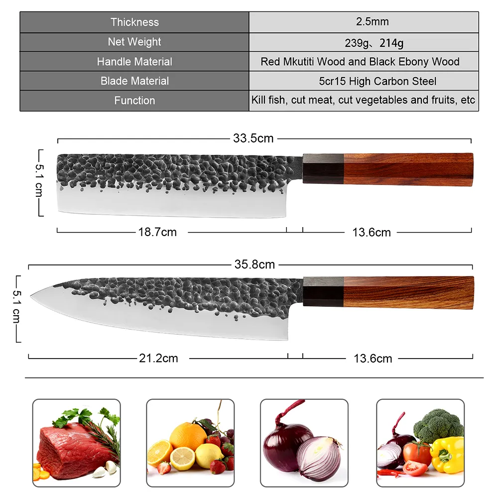 Drie-laags beklede stalen chef Lnife Octagon Handgreep Origineel gesmede hamerpatroon Nit-Stick Nakiri Lnife Kitchen Cooking Knives233B