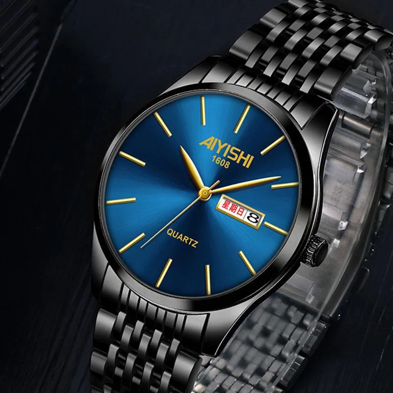 Armbandsur cool matt svart blå stålklocka män auto date week funktionell affärsbrist för man 2021 klockor topp303b