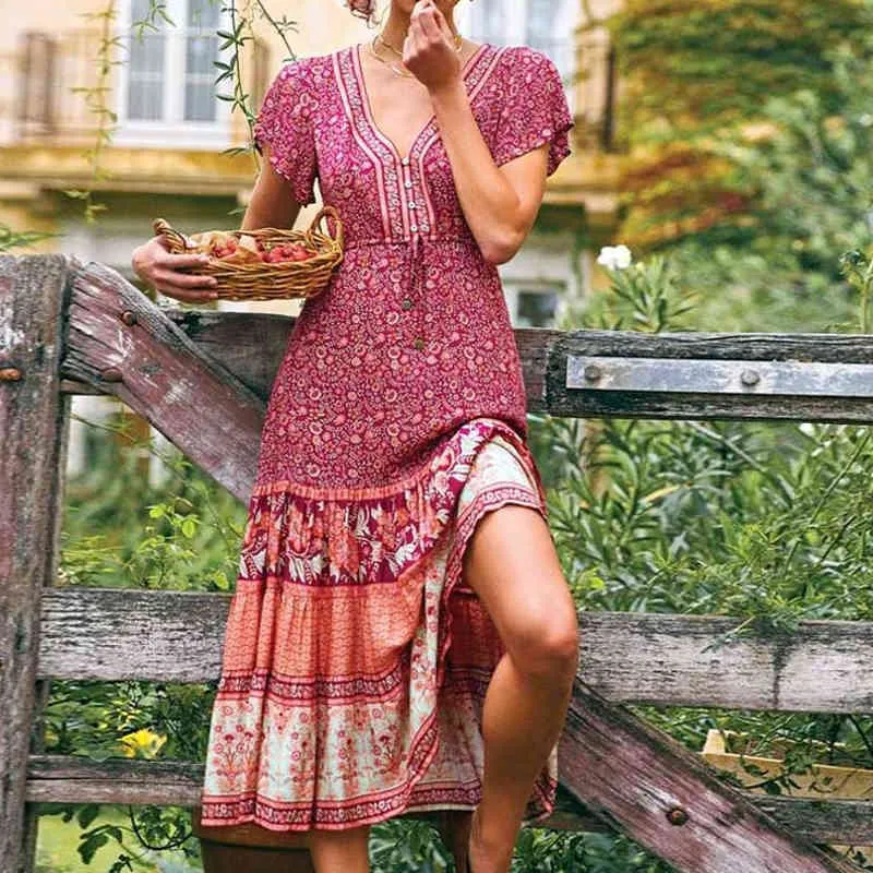 2021 Floral print sommer strand Bohemian kleid für frauen Damen V-ausschnitt kurzarm kleid weibliche Robe Boho hippie kleid Chic x0521
