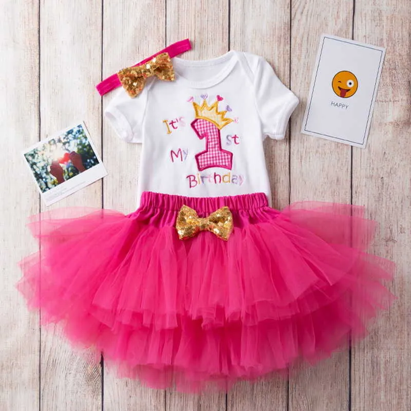 Summer Valentine Day Baby Girls 2-pcs Sets Cartoon Unicorn Crown T-shirt + Tutu Skirt Outfits Children Jumpsuit E011 210610