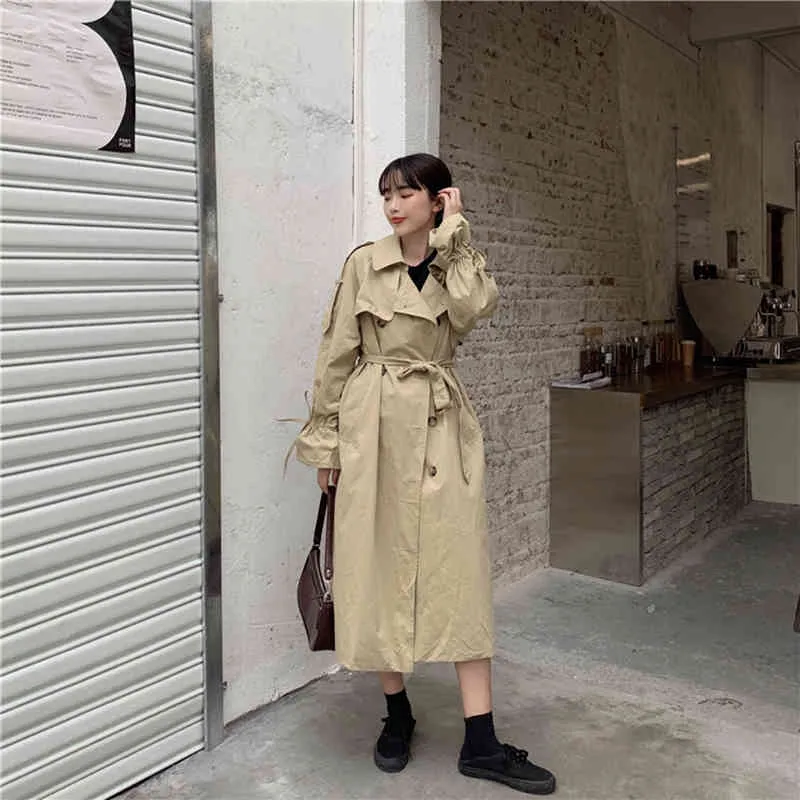 Women's Spring Autumn Trench Coat British Style Retro Lapel Tie Waist Casual Long-sleeved Female LL716 210506