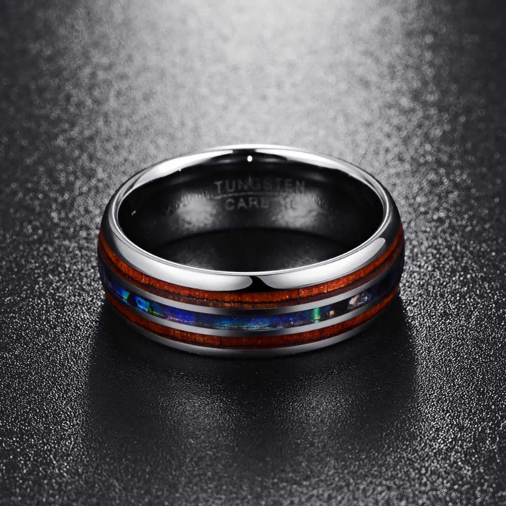 Nuncad 米国サイズ 8 ミリメートルハワイアンコアウッドとアワビシェルタングステンカーバイドリング結婚指輪男性用コンフォートフィット 5-14 210701