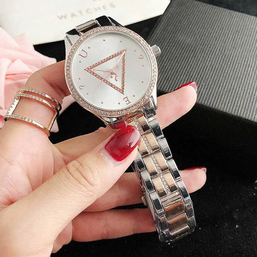 브랜드 시계 여자 여자 소녀 다이아몬드 크리스탈 삼각형 스타일 금속 스틸 밴드 쿼츠 손목 시계 GS47293B