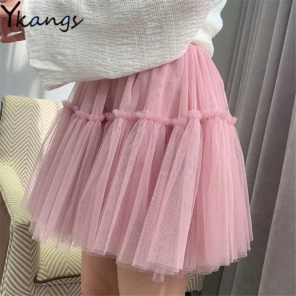 Été Blanc Rose Taille Haute Courte Tutu Jupe Femmes Casual Jupe Plissée Coréenne Couture Volants Mini Jupe Pour Les Filles 210619