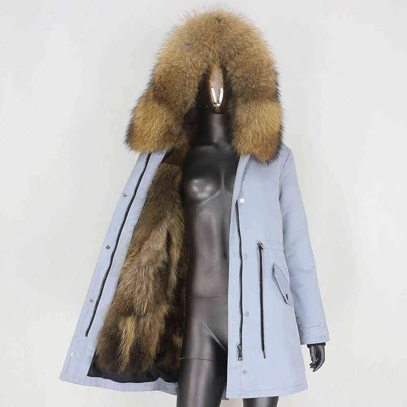CXFS manteau de fourrure véritable veste d'hiver femmes longue Parka imperméable col de raton laveur naturel capuche épaisse doublure chaude 211220