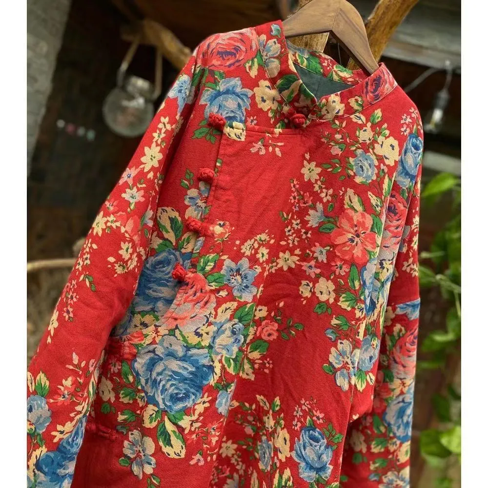Johnature Women Chinese Style Red Dresses Stand Long Sleeve Cotton Print Floral Robes Spring Thick A-Line Button Dress 210521