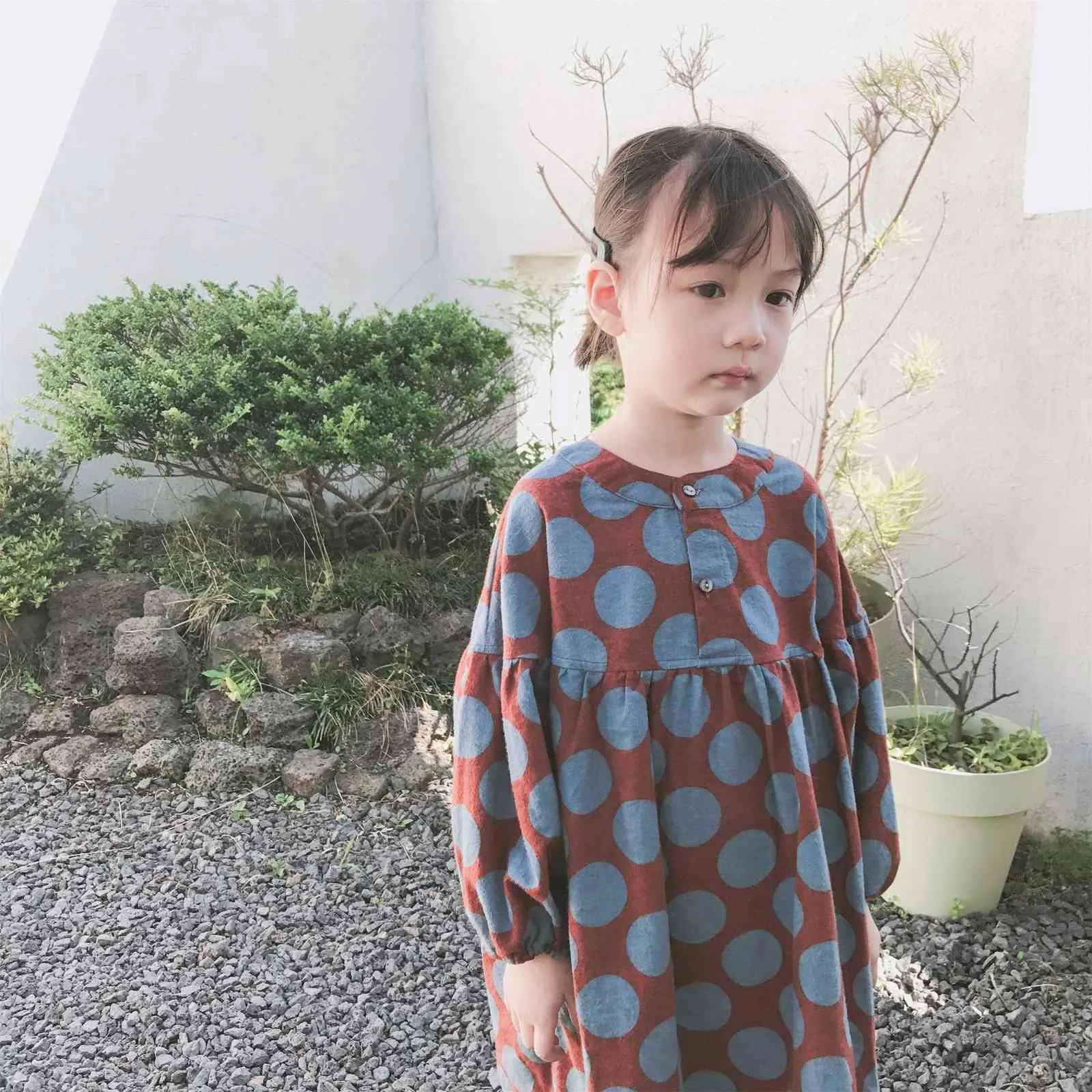Herbst Koreanischen Stil Mode Mädchen Langarm Dot Gedruckt Kleider 100% Baumwolle Laterne Hülse Casual Kleid Kinder Kleidung Q0716