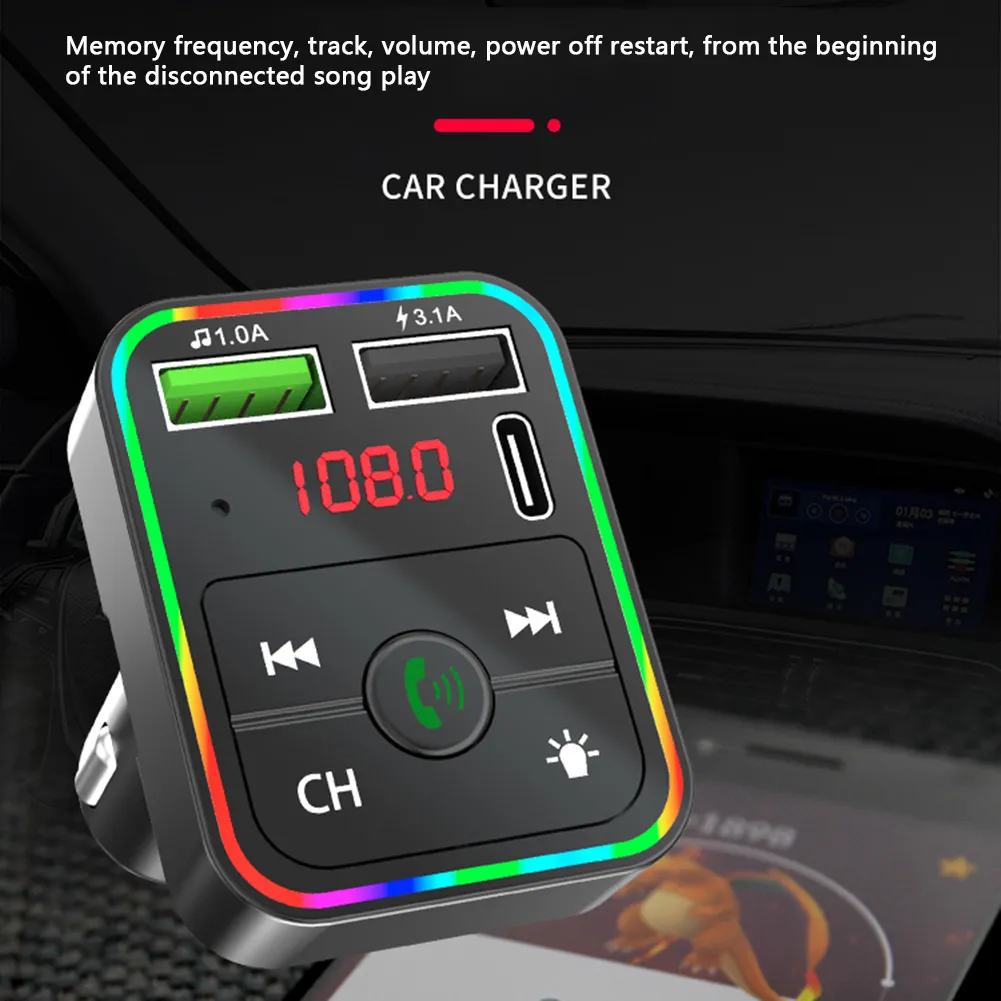 F2 Zestaw samochodowy Bluetooth FM Modulator Modulator Kolny podświetlenie LED bezprzewodowe adapter radiowy do telefonu TF MP3 Player Type8061884