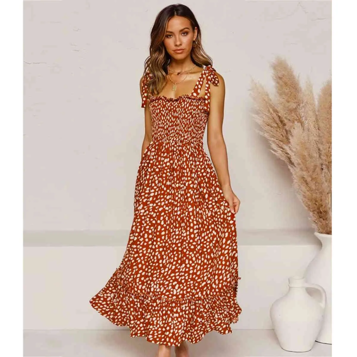 Jastie Vintage Backless Sexy Speckle Print Strap Maxi Kleid Sommer Strand Party Casual Boho Frauen Slip Kleid Ärmellose Vestidos 210419