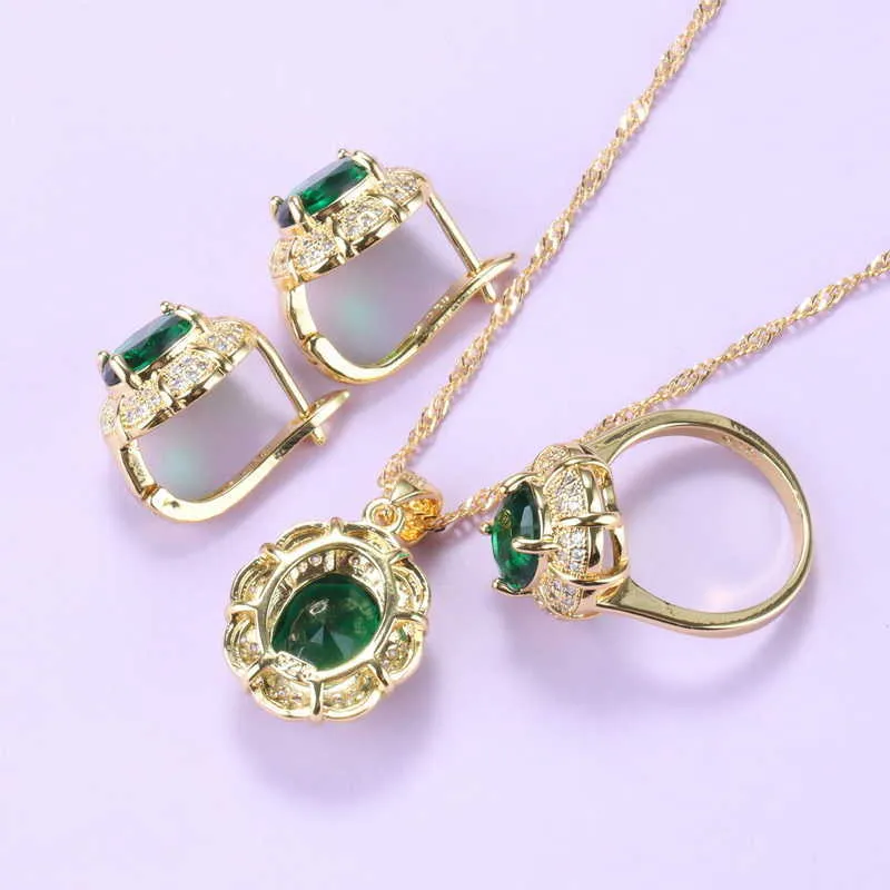 Bridal Sets Gold Color Wedding Accessories Green Natural Stone Clip Earrings And Necklace Bracelet Ring Jewelry Sets For Women H1022