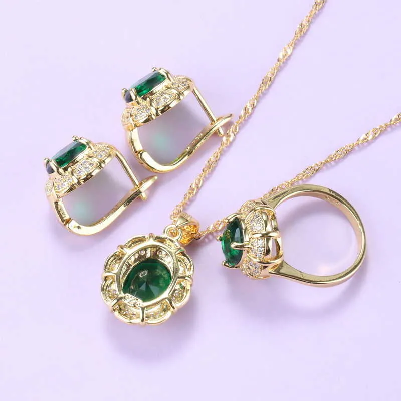 Wedding Jewelry Sets African Women Green Necklace Cubic Zirconia Clip Earrings Pendant And Ring Gold-Color Jewelry H1022