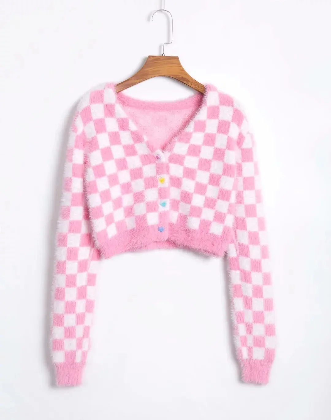 Vintage argyle pinkcardigans femmes crop chandails kawaii mohair hiver vêtements coréens 210521