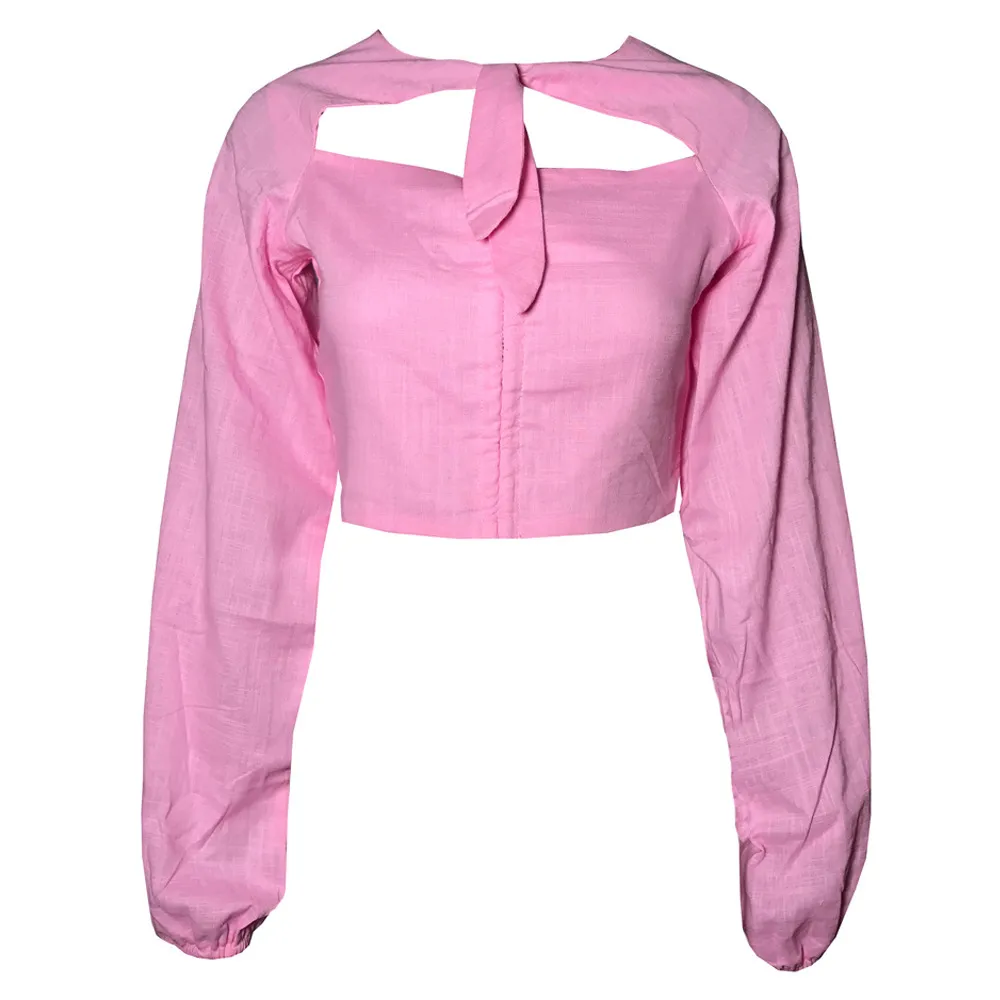 vintage lanterna manica increspato camicetta top donna autunno inverno bowknot taglio frontale rosa crop top chic blusa mujer 210415