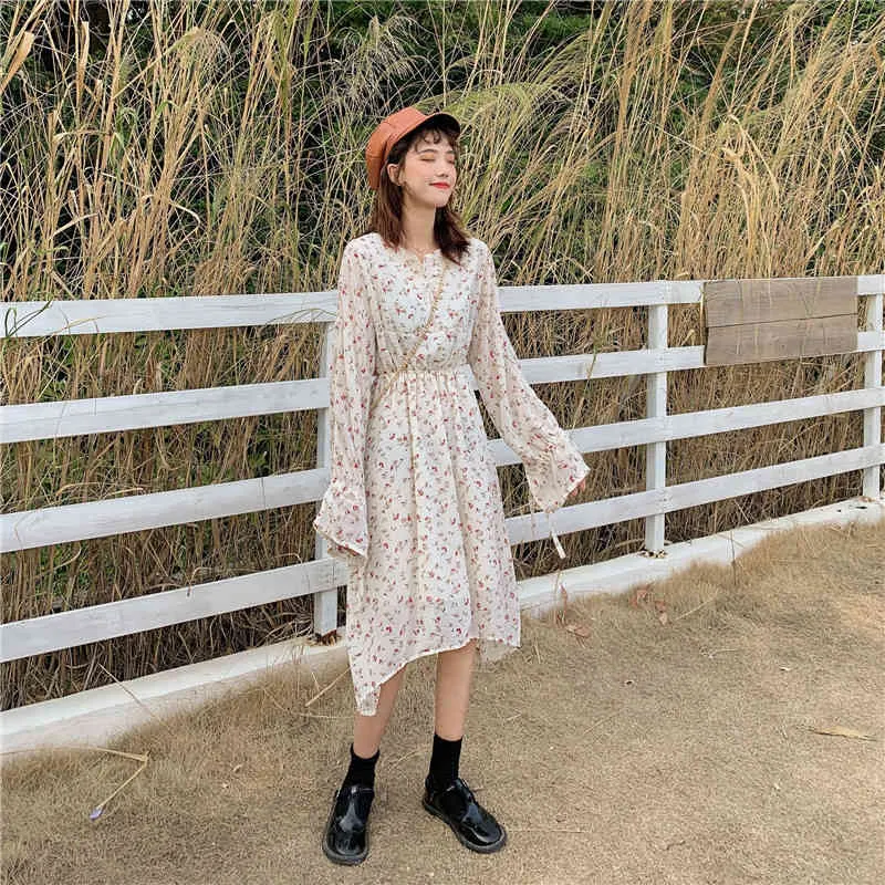 Women Chiffon Dress Spring Summer Fashion Female Long Sleeve Vintage Print Floral Irregular Casual Boho A-line Loose 210423