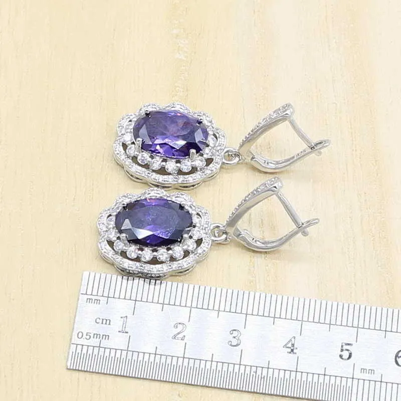 Purple Silver Color Natural Jewelry Set for Women Bracelet Earrings Necklace Pendant Ring Gift Box H1022