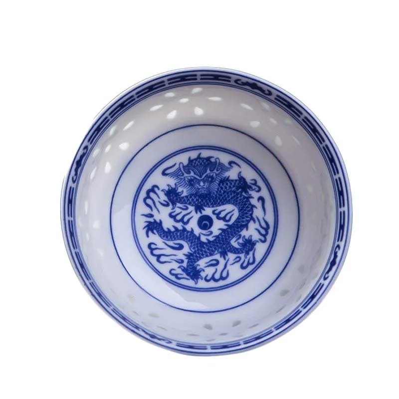 4 5 tum Rice Bowl Jingdezhen Blue and White Porslin Tabellery kinesiska Dragon middagar Ceramic Ramen Soup Bowls Holder335Z